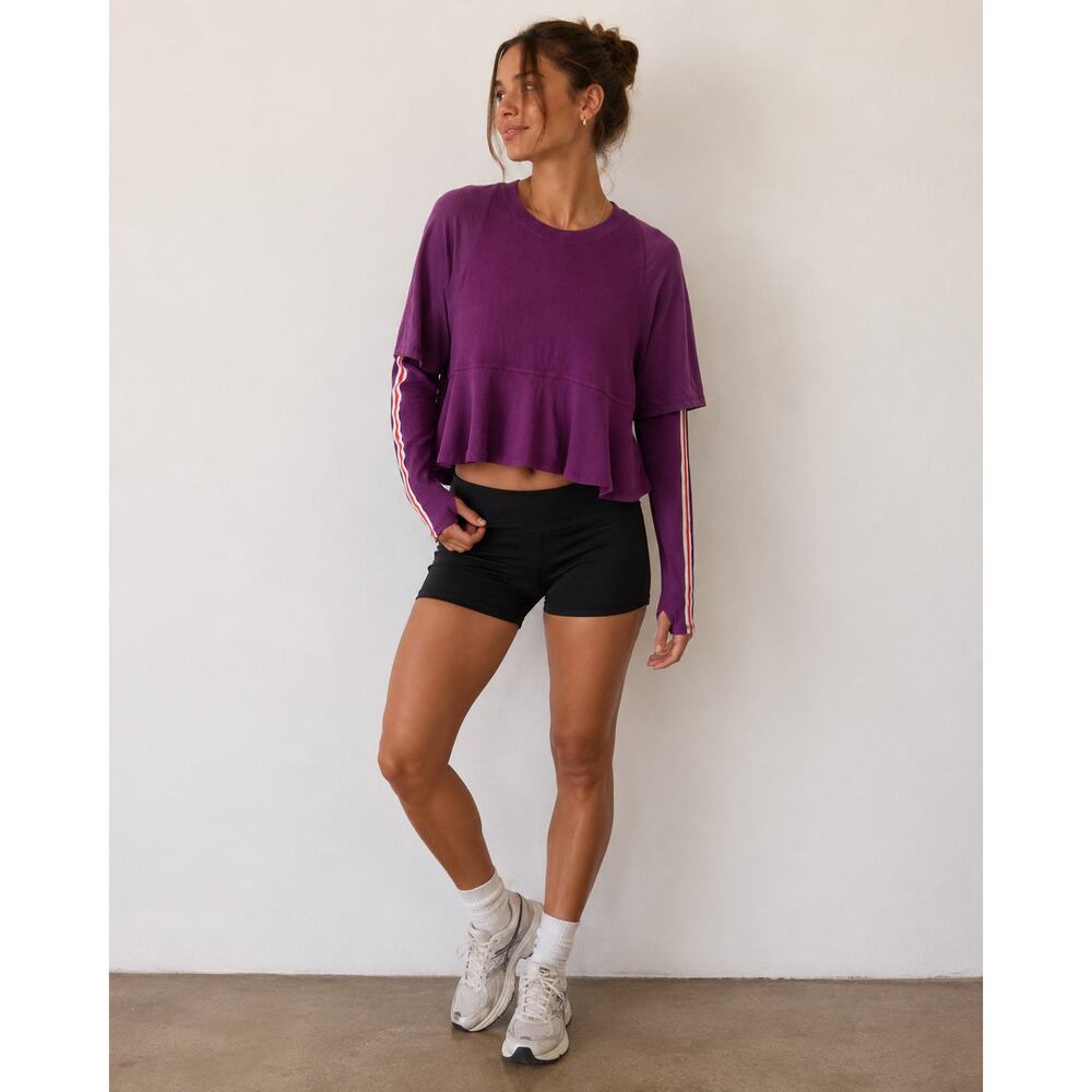 Free People Movement Plum Combo Home Game Stripe Layer Ruffle Flare Top XS